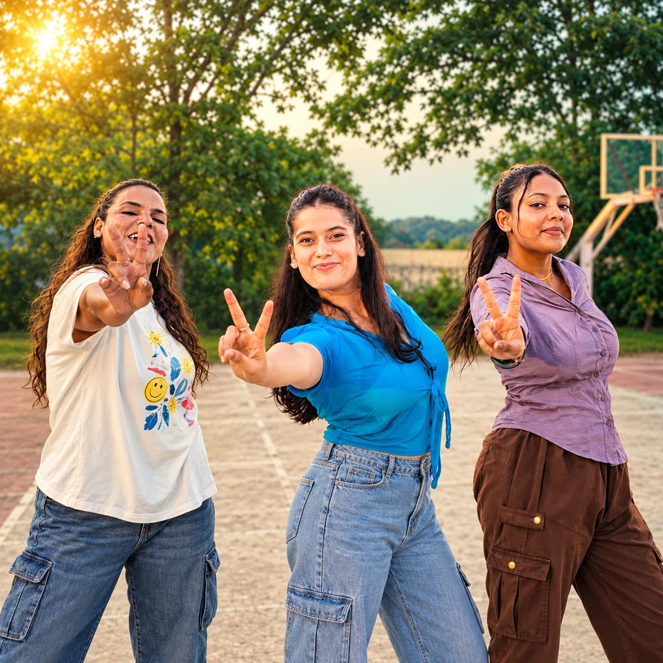 Three young women making two-finger gestures outdoors